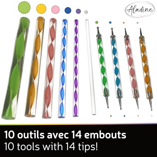 Aladine 80811 Kit Outils de Dot Painting 10 Zubehörteile & 14 Aufsätze-für Mandalas, Kieselsteinmalerei, Holz, Stoff, Leinwand-Dotting Punkte-Kreatives Hobby-80811, mehrfarbig, Loisirs Créatifs