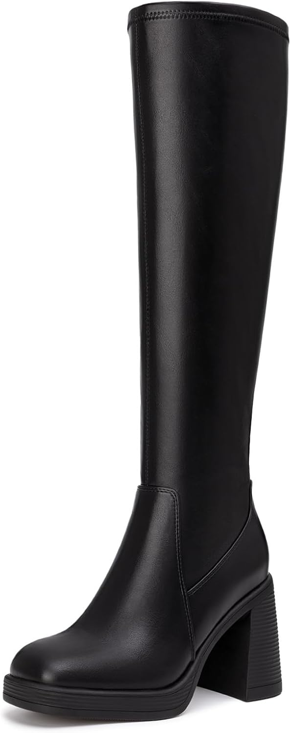 Athlefit Knee High Boots for Women Square Toe Platform Chunky Heel Stretchy Tall Boots with Side Zipper