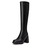 Knee High Boots for Women Square Toe Platform Chunky Heel Stretchy Tall Boots with Side Zipper