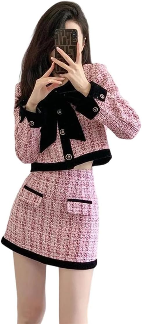 Women's Winter French Tweed 2 Piece Set Check Short Coat with High Waist Skirt Chic Outfit Suits