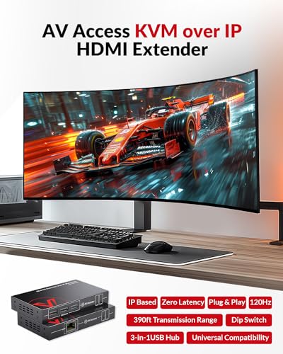 Image of AV Access 4K HDMI USB KVM Extender TCP /IP Over Single Cat5e /6 /6a /7 up to 120M(390ft), 1080P@120Hz, Plug & Play, Keyboard & Mouse Over Network, Zero Latency, 3 Ports USB Hub, DIP up to 16 Sets