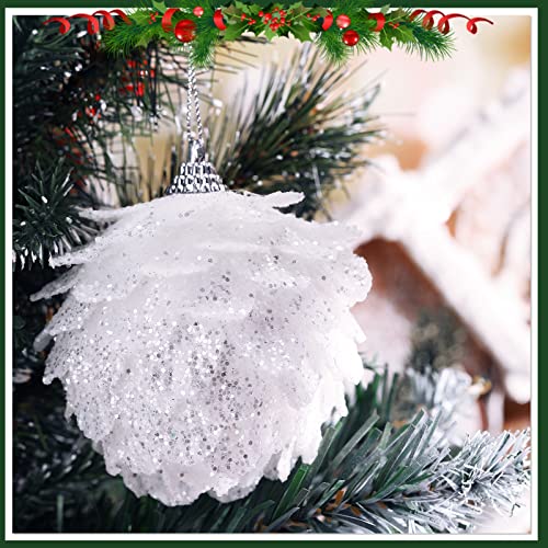 Christmas Ball Ornaments White Pinecone Hanging Ornament Artificial Christmas Tree Ornaments Glitter Christmas Flower Ornaments Faux Flowers Ornaments For Xmas Decor (4 Pieces,3.15 Inch) #TOP5