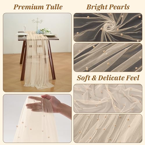 LigneDouce Pearl Table Runner Tulle 120 Inch 10FT Summer Sheer Gauze Dining Wedding Birthday Party Baby Shower Bridal Anniversary Holiday Table Decor for Home Party (Champagne, 30" x 120") by LigneDouce - Used condition - Image 4