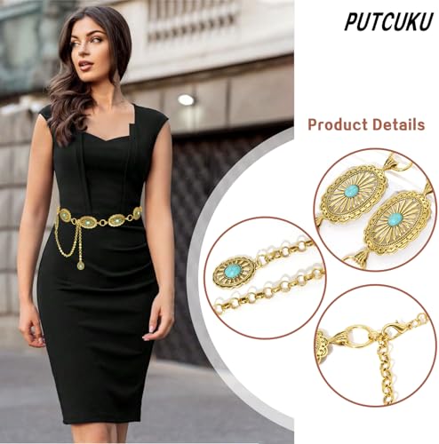 Women Western Belt Concho Chain Belts Bobo Turquoise Waist Chain Cowgirl Metal Belts2