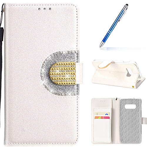 Robinsoni Case Compatible with Samsung Galaxy S10e Phone Case Wallet PU Leather Phone Cover Book Style Cover Kickstand Case Folio Flip Phone Cover Shockproof Heavy Duty Case Sparkle Bling Case White