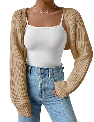 Image of Women's Long Sleeve Open Front Knitted Crop Cardigan Drop Shoulder Knit Bolero Shrug Sweater