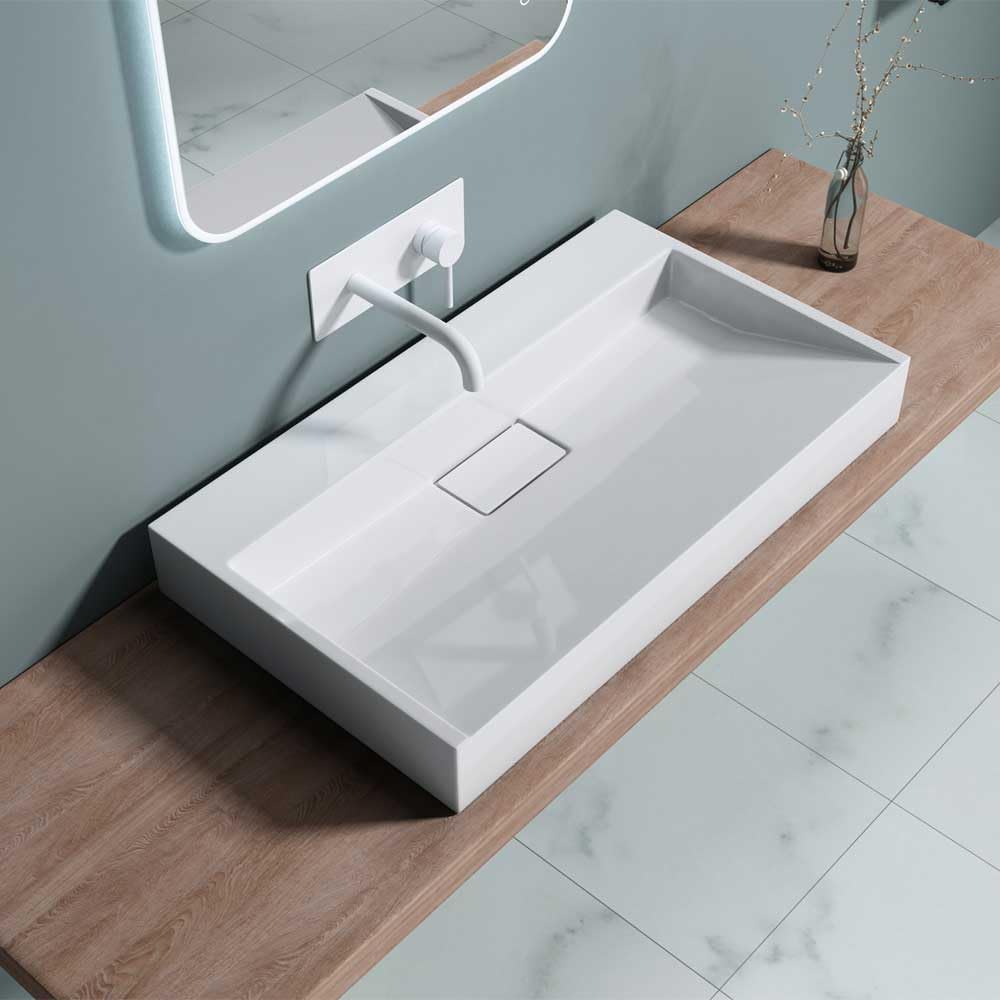 Durovin Bathrooms Luxurious Cast Stone Resin Bathroom Basin - Wall Hung Or Countertop Basin Sink No Tap Hole - Concealed Waste - 800 x 460mm (WXD)