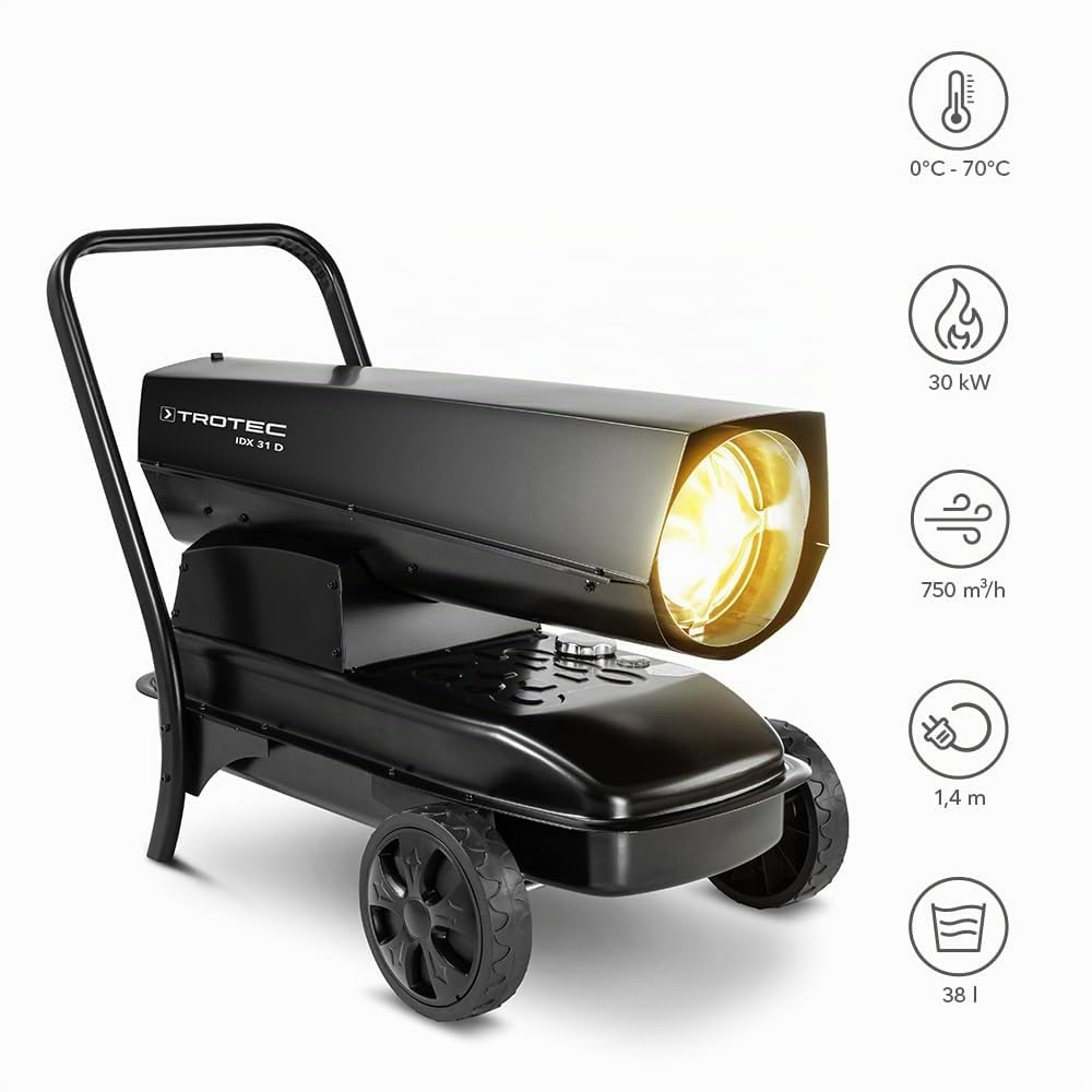 TROTEC Canon à chaleur au fioul 30KW à combustion directe IDX 31 D Réservoir de carburant intégré avec affichage du niveau de remplissage