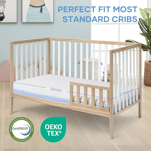 Image of Crib Mattress Dual Sided Memory Foam Baby Toddler Bed Mattress, 52 inch x 27.6 inch x 5.5 inch Soft Breathable Mattresses with Removable Machine Washable Cover, Fits Standard Cribs&Toddler Beds, White&Blue