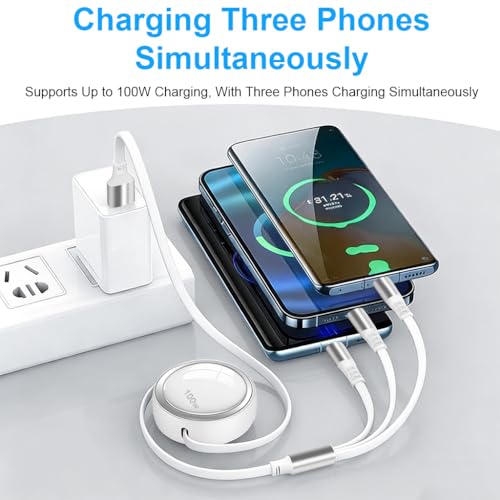 Image of Verilux Car Charger Cable 3 in 1 Fast Charger, PD 100W Retractable Car Cable with USB A /C to USB C /Lighting /Micro, 480Mbps Data Transfer for iPhone 17 /16 /15 /14, Galaxy S24 /S23, Android, Laptop, White
