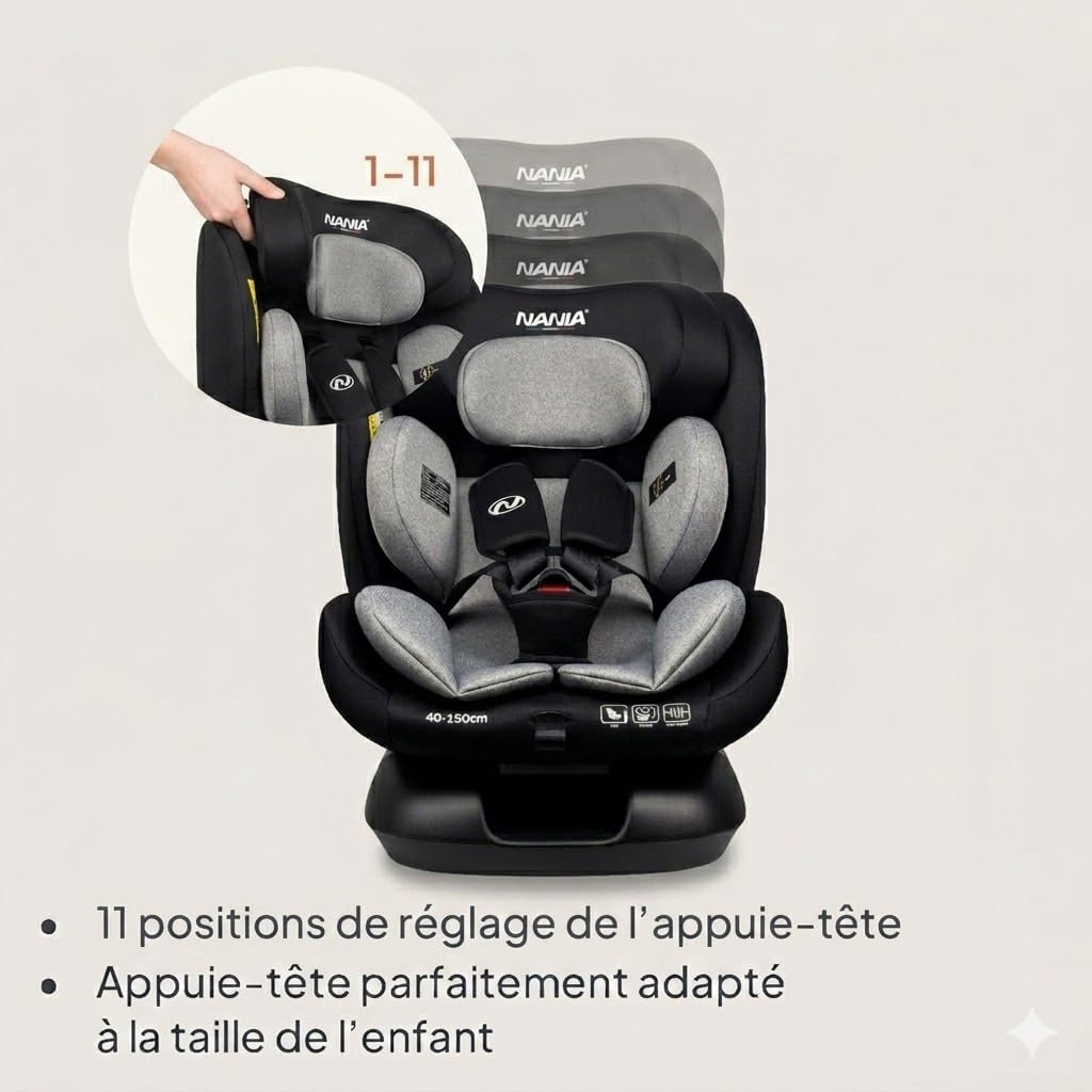 Nania Prato evol +, Siège auto enfant, I-Size, 40-150 cm, dos route jusqu'à 105cm, Evolutif naissance à 12 ans, Fixations ceinture de sécurité, Réglage de l'Appui-tête et de l'Inclinaison.