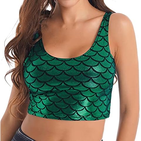 iEFiEL Damen Glänzende Tops Wetlook T-Shirt Bauchfrei Oberteile Gogo Clubwear Leder-Optik Tank Top Weste Sport Bustier Unterhemd W Grün Meerjungfrau Einheitsgröße Cover