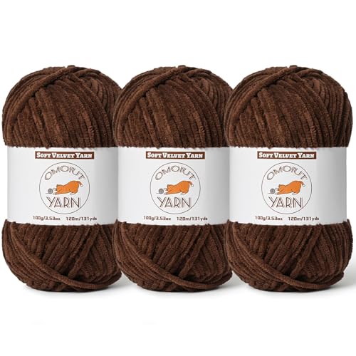 Image of 3 Pack Coffee Fluffy Velvet Yarn for Crocheting, Chunky Chenille Baby Blanket Yarn for Crocheting, Soft Fuzzy Puzzle Yarn for Knitting, (100g /3.53oz Each) Bulky Thick Amigurumi Crochet Yarns