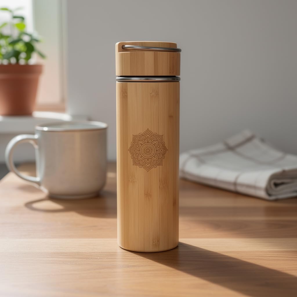 Eco-Friendly Bamboo Tea Tumbler, with Infuser & Strainer | 20oz Vacuum Insulated Stainless Steel Travel Mug | Leak-Proof Zen Mandala Design | Premium Gift for Tea & Coffee Lovers