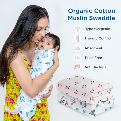 Image of Mee Mee 100% Cotton Muslin Swaddle Wrap for Newborn Baby (120 x 100 cm) | Ultra Soft, Breathable, Lightweight & Quick-Dry | Hypoallergenic Multi-Use Baby Blanket, Nursing Cover, Stroller Cover
