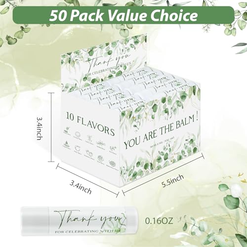 Image of 50 Pack Moisturizing Lip Balms Bulk Gifts Wedding Party Favors Thank You for Baby Shower Birthday Gift Beeswax Sage Green Eucalyptu for Celebrating With Us Gift 10 Flavors You Are The Balm Guests