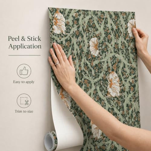 Image of Sage Green Vintage Floral Peel and Stick Wallpaper - Elegant Botanical Self Adhesive Wallpaper Roll for Living Room, Bedroom, Hallway, Accent Wall, Cabinet & Furniture