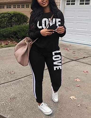 Women Letter Print Two Piece Sweatsuit Round Neck Pullover and Skinny Long Pants Black M
