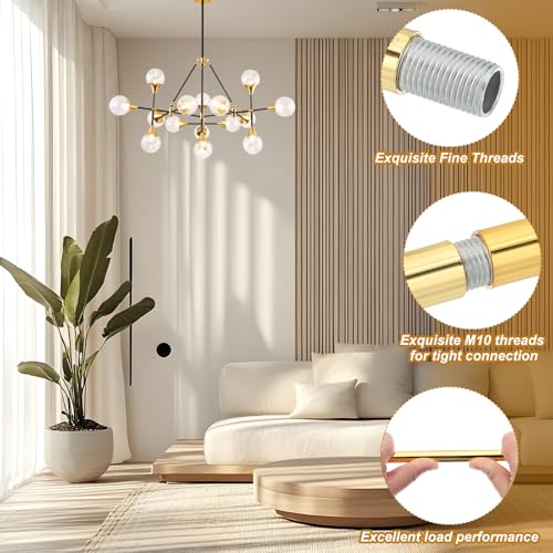 Image of PATIKIL Threaded Extension Rod, 4 Sets 12 inch M10 x 1mm Fine Thread Lamp Pipe with Lamp Pipe Nipples for Pendant Light Island Lighting Chandeliers Stems, Gold Tone