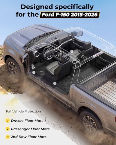 Image of 3W Floor Mats (with Metal Pedals) for Ford F-150 2015-2026 & F150 Lightning 2022-2025 SuperCrew (w /o Fold Flat Storage), TPE All Weather Custom Fit, Front & Rear 3PCS | Heavy Duty, Easy Clean - Black