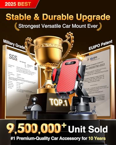 VANMASS [Pro Version] Universal Car Phone Mount [Super Suction Cup] Dashboard Phone Holder, Handsfree Windshield Dash Vent Phone Holder Car, Compatible for iPhone 17 16 15 14 Samsung LG & Truck,Red