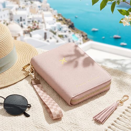 Image of Stylish Passport Holder for Travel with Detachable Wristlet Strap, Pink, 6.4 x 4.6 x 0.7 inches, Modern | All-in-one Travel Wallet Organizer for Women - Secure Money Belt Alternative with Card Slots and Tassel Keychain
