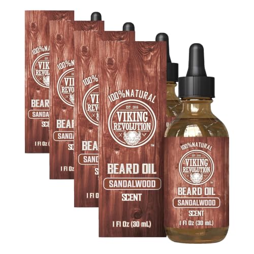 Image of Viking Revolution Beard Oil for Men - Natural Mens Beard Oil with Argan Oil and Jojoba Oil - Beard Softener, Strengthens and Moisturizes - Beard Conditioner for Men (Sandalwood, 4 Pack)