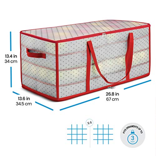 Zober Plastic Christmas Ornament Storage Box Large With 2-Sided Dual-Zipper Closure - Keeps 128 Holiday Ornaments, Xmas Decorations Accessories, 3" Compartments - Sturdy Flexible Plastic #TOP5