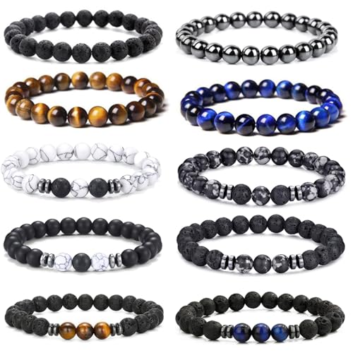 10PCS Mens Beaded Bracelets Set 8MM Tiger Eye Lava Stone Stretch Natural Stone Bead Bracelet Bulk Adjustable Black Crystal Stretch Bracelet for Men Gifts