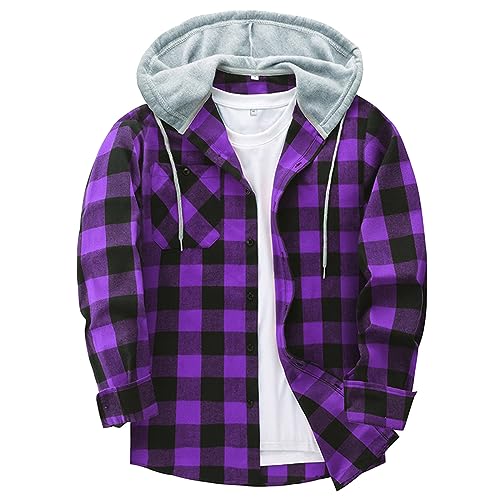 Mens Plaid Shirts Casual Long Sleeve Button Down Hoodies Preppy School Jackets Fall Fashion Color Block Hooded Sweatshirt Top