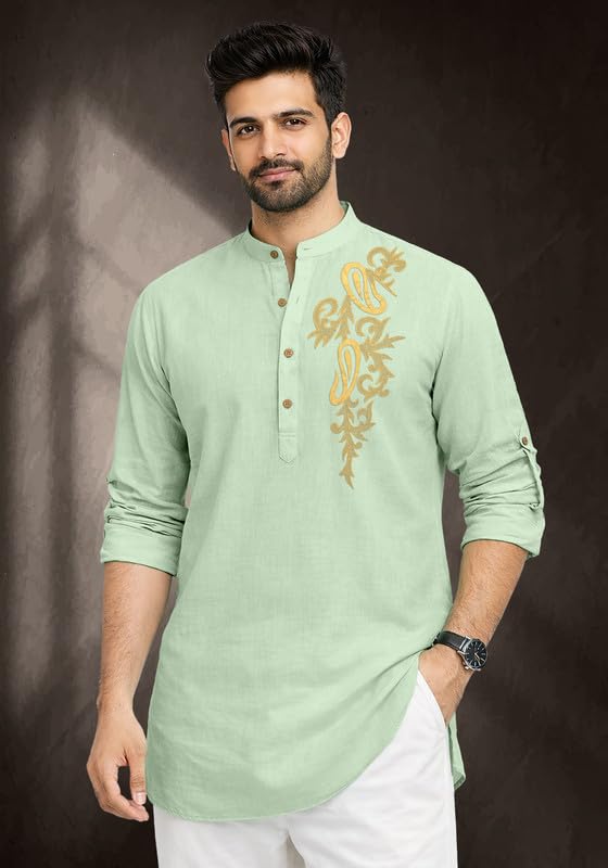 Image of Cotton Blend Self Design Printed Casual Short Kurta for Men Long Sleeve Mandarin Collar Stylish Kurta Shirt for Men