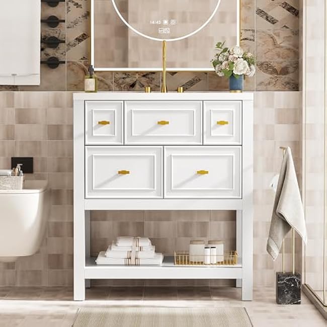 30 Inches White Bathroom Vanity with Ceramic Sink Combo, Free Standing Single Vanity Set with 5 Drawers, Solid Wood Frame, Modern Bathroom Storage Cabinet