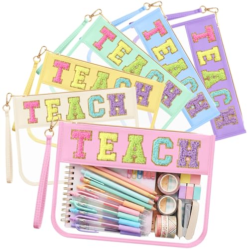 Kacctyen 6 Pcs Teach Bags Chenille Letter Clear Makeup Bag with Zipper Teacher Appreciation Gifts Waterproof Cosmetic Toiletry Pouch with Handle for Gym Travel Summer(Bright Color Teach)