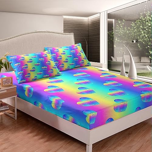 Erosebridal Kids Rainbow Fitted Sheet Psychedelic Galaxy Bed Sheets Twin Size, Neon Gradient Love Heart Sheets Colorful Ombre Bedding thumb #2