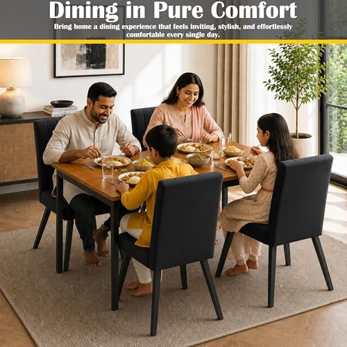 Image of Rosebell Set of 4 Dining Table Chairs with Wooden Top Table, Upholstered Cushioned Chairs, Modern Compact Dining Set for Home, Kitchen & Dining Room (Black)