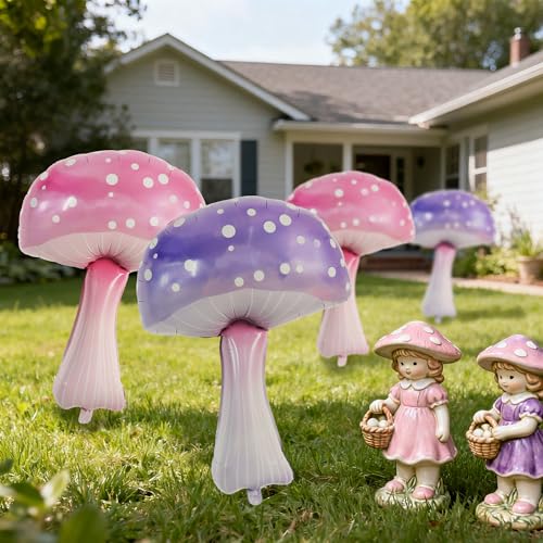 Image of Vuzvuv 35 Inches Blue Pink Foil Mushroom Balloons, Video Game Mushrooms Party Decoration for Birthday, Theme Parties, Spring Holiday Picnic, Forest Plant Theme Decor(4Pcs)