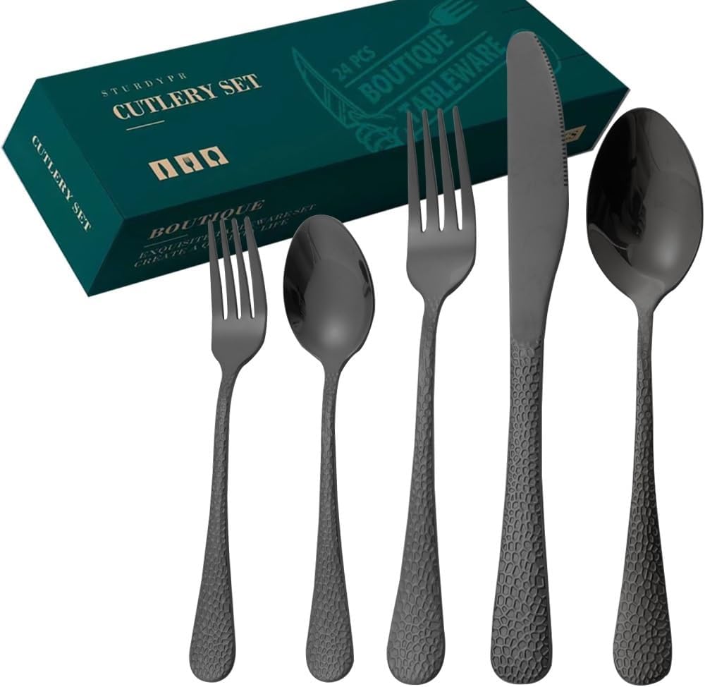 Silverware Flatware Set, 20 Piece Patterned Stainless Steel Cutlery Steak Knife, Fork And Spoon Set (Color : Black, Size : 20Pcs)