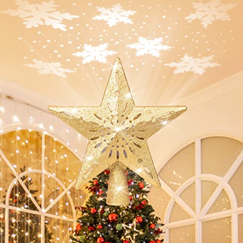 Christmas Tree Topper, Christmas Decorations For Tree, Christmas Tree Topper Lighted With Rotating Snowflake Magic Ball Led Projector, Star Tree Topper For Christmas Tree Decorations-Golden #TOP16