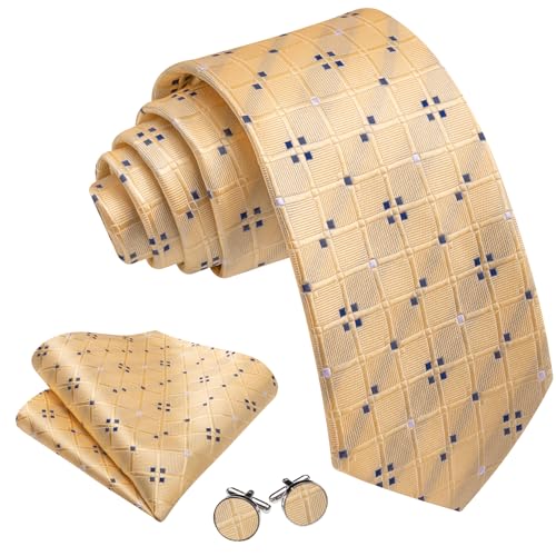 Image of YOHOWA Men Plaid /Striped Ties Set Silk Business Wedding Formal Fashion Necktie and Pocket Square Cufflinks Set