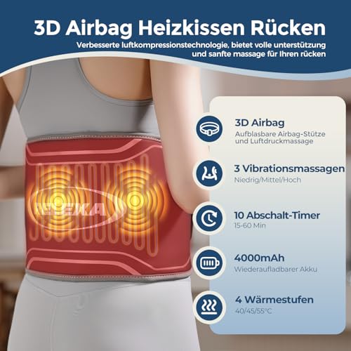 Wärmegürtel Rücken mit 3D-Airbag-Massagegerät, Kabelloses Heizkissen mit Abschaltautomatik, 4 Wärmestufen & 5 Vibrationmoden, Elektrisches Wärmegürtel Geschenke für Männer, Frauen Heating Pad for Back