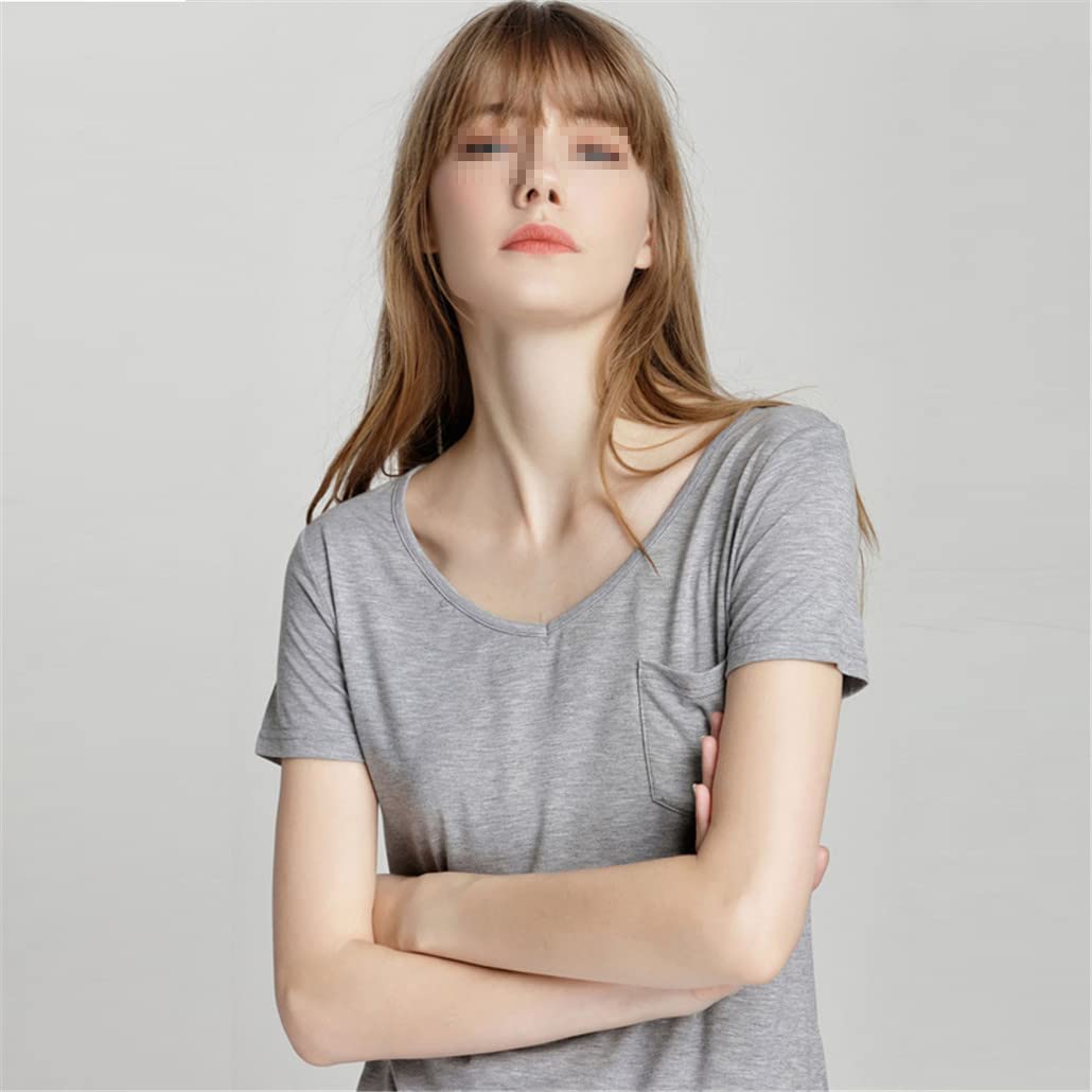 keusyoi T-shirt décontracté en modal uni avec col en V et manches courtes pour femme