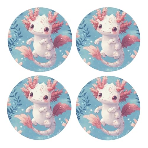 BoltPack Bonito posavasos redondo con base de corcho con estampado de ajolotle, juego de 4 posavasos, alfombrilla de protección de mesa para tazas y tazas