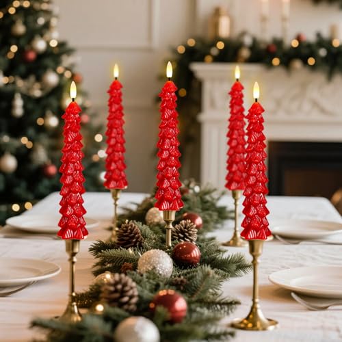 Image of Christmas Tree Candles Battery Operated, Red Christmas Flameless Taper Candles with Remote Timer, Set of 3 Waxy 9.8 Inch LED Tree Candlesticks for Xmas Home Holiday Window Winter Decor