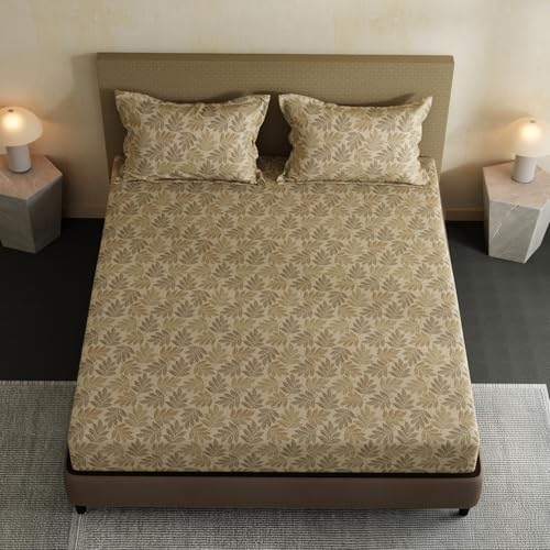 Image of Layers 100% Cotton Bedsheet for Double Size Bed | Lumina Floret Collection | 144 TC Soft & Breathable | Floral Print with 2 Pillow Covers | Wrinkle Free & Colorfast | 3 Piece Bedding Set - Brown
