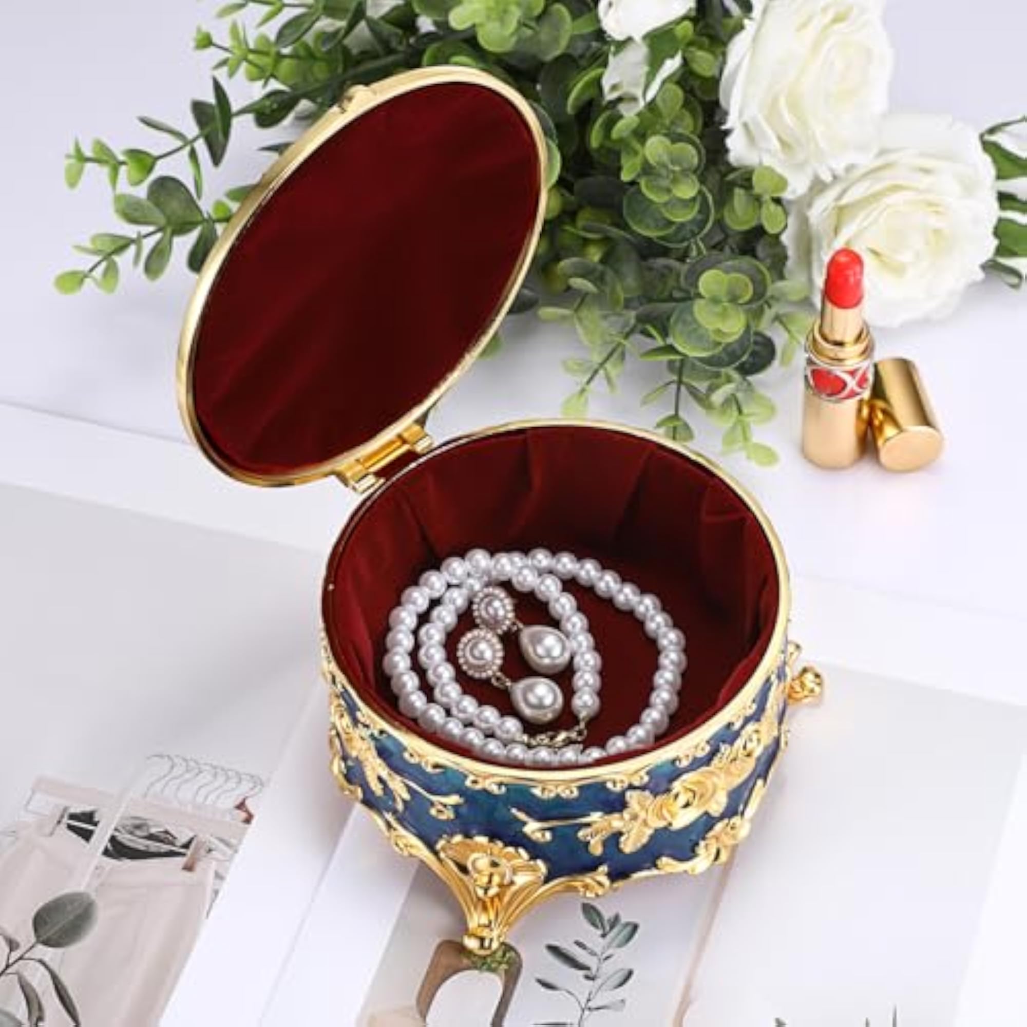 Vintage Metal Jewelry Box, Round Trinket Organizer