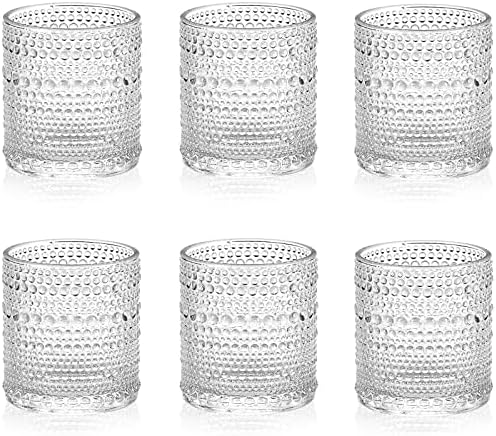 cosnou Mini Rock Glasses, 6.5 oz（200ml） Hobnail Drinking Glasses Set 6, Embossed Vintage Glassware Set for Beer, Cocktail, Soda, Beverage Clear