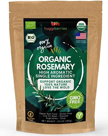 Huggiberries Organic Rosemary leaves-Spice - Pure, High Aromatic, Delicious on Meat, Vegetables, Soup. USDA Approved, GMO & Gluten Free, Raw Vegan. Supports Natural Immunity & Wellness (3.5 OZ)