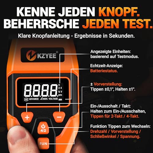 KZYEE KT80 Zündlichtpistole für 6-12V Benzinmotor (2/4-Takt), Digitale Stroboskoplampe mit Schließwinkel- & Spannungstest/Advance & RPM, Upgrade LED Zündzeitpunktpistole mit eigener Stromversorgung