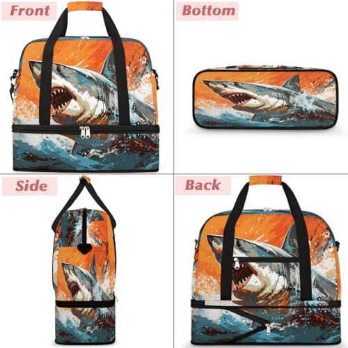 Travel Duffel Bags Ocean Shark Foldable Weekender Bags for Women with Shoes Compartment Waterproof & Tear Resistant Carry on Overnight Luggage Duffel Bag Shoulder Sports Tote Bag,B-9933