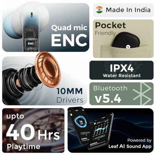 Image of Leaf Buds X334 True Wireless in Ear Earbuds Ai Sound App, 40H Playtime, Quad Mic with Enc, 50Ms Low Latency, Fast Charging(10Min=300Min), 10Mm Driver, Ipx5, Bluetooth V5.4 TWS (Matcha)